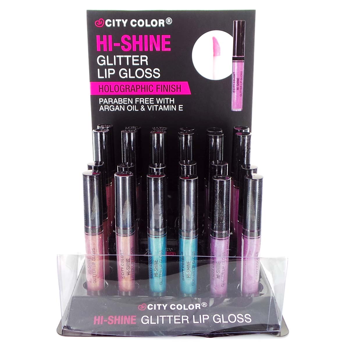 Brillo de labios CITY COLOR Hi-Shine Glitter, juego de exhibición con acabado holográfico, 24 piezas