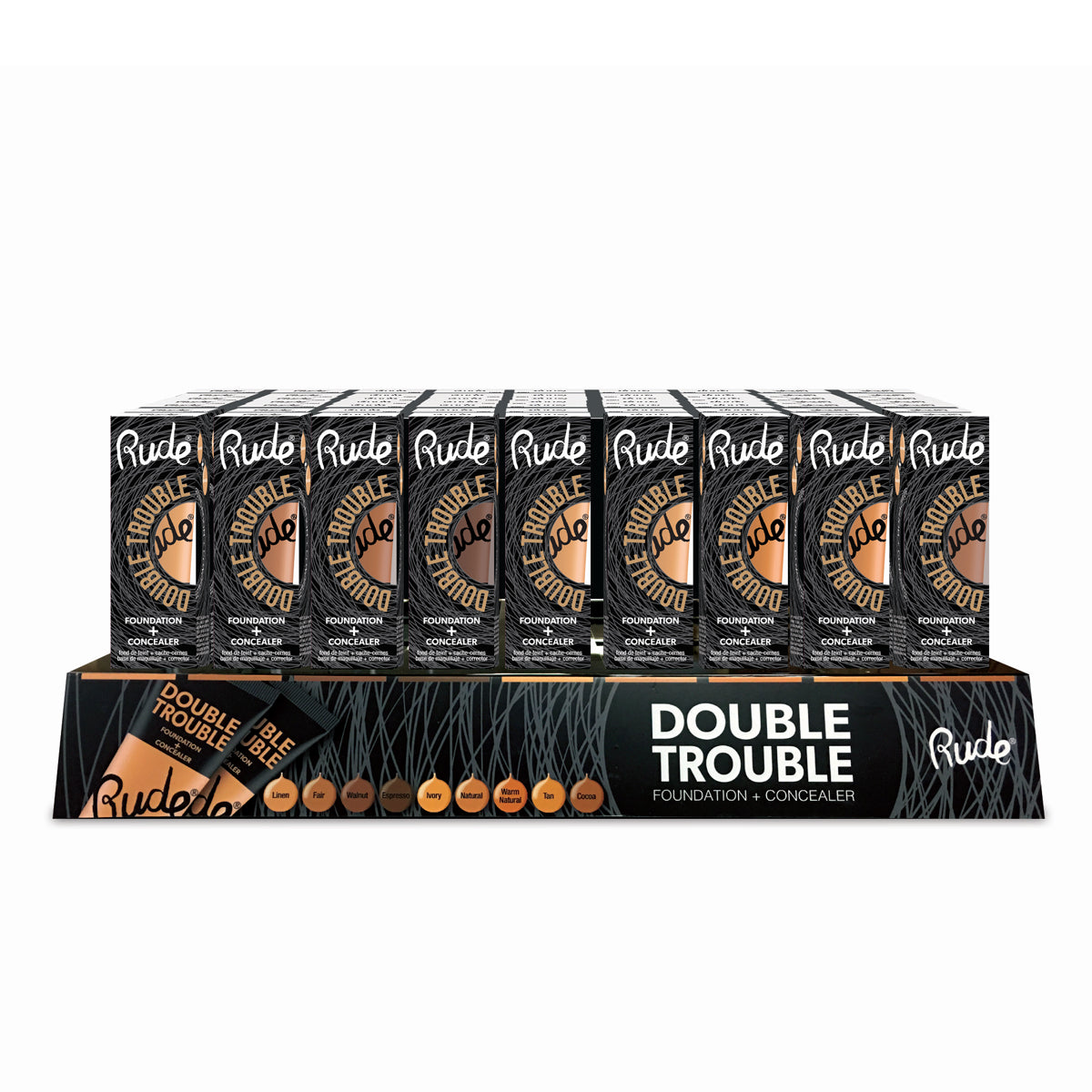 RUDE Double Trouble Foundation + Corrector Acrílico Display Set, 108 Piezas