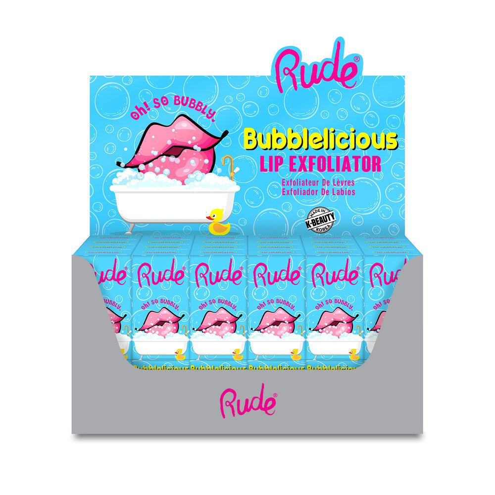 RUDE BUBBLELICIOUS Juego de exhibición de exfoliante de labios, 24 piezas