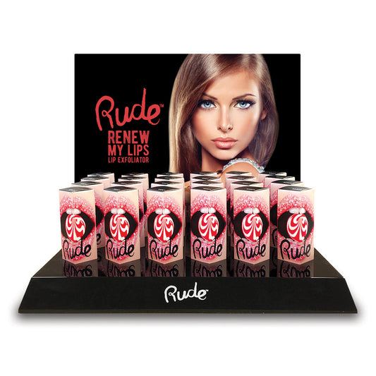 RUDE Renew My Lips Lip Exfoliator Acrylic Display Set, 24 Pieces