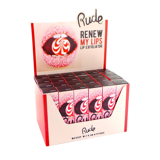 RUDE Renew My Lips Juego de exhibición de exfoliante de labios, 24 piezas